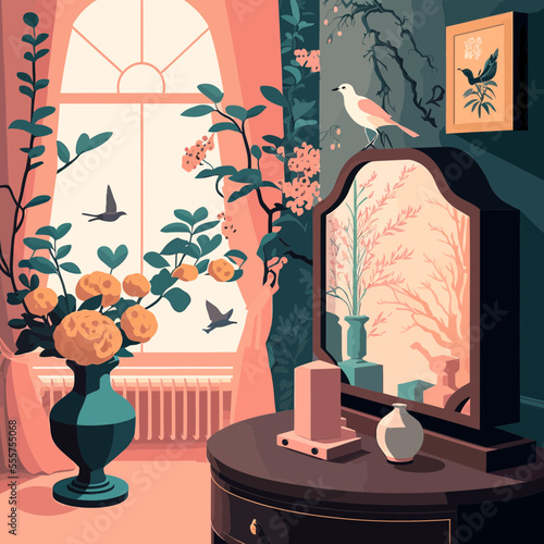 A vintage living room with flowers and birds