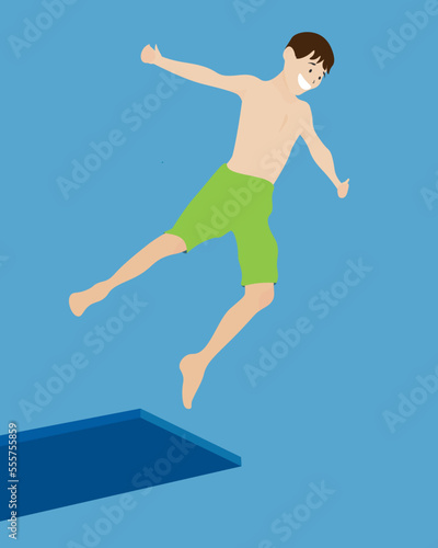 Boy jumping into a pool. Editable vector