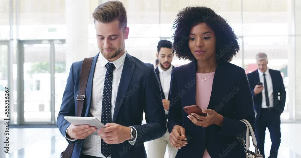Business people, walking and talking in office, convention and browse internet. Black woman, man and coworkers in hotel for discussion, conversation and planning with tablet and phone for conference.