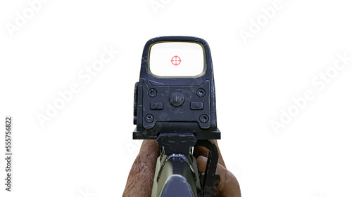 First-person, FPS shooter war game screenshot concept, aiming with the collimator scope - PNG format, easy background replecement. photo