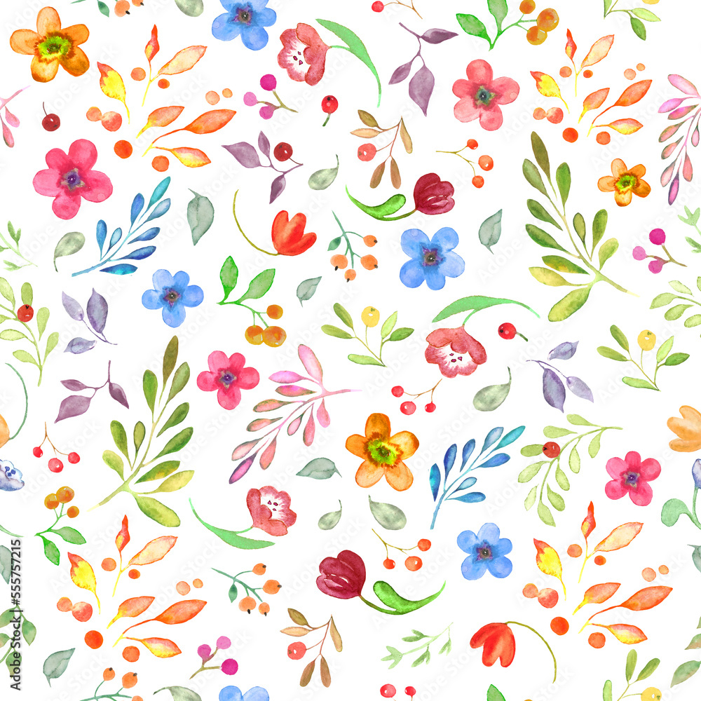 Watercolor seamless pattern with abstract  flowers, leaves, branches, berries. Hand drawn floral illustration isolated on white background. For packaging, wrapping design or print.