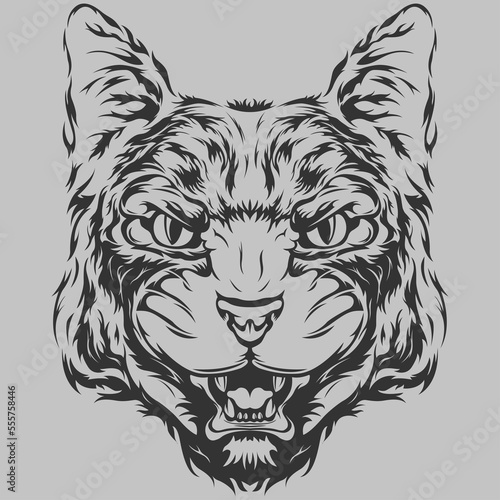 Fototapeta Naklejka Na Ścianę i Meble -  Evil cat isolated illustration. Black color on white background image. Wild animal design tattoo.