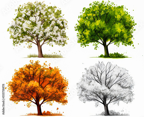 The 4 seasons of the year with the same tree evoking the snowy winter, the spring in bloom, the orange autumn and the green summer, all on a white background.
