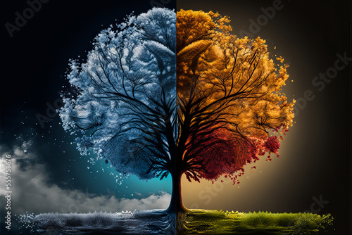 An image of a majestic tree in the cycle of the year with different seasons. Beautiful representation of nature with beautiful color tones in spring  summer  fall and winter.