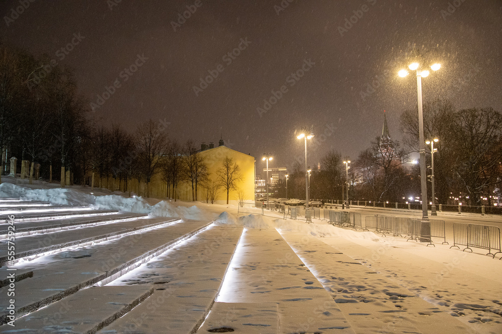 Moscow, Russia - December 17, 2022: Snow-covered streets and houses of cold and winter Moscow