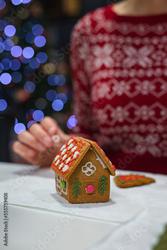 decorated gingerbread house making for Christmas