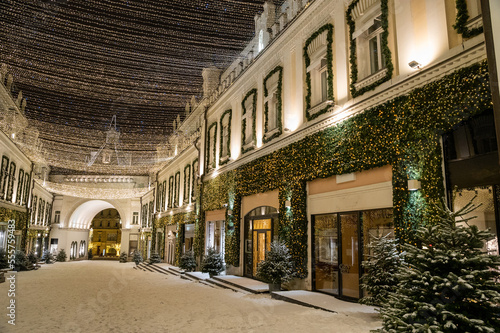 Moscow, Russia - December 17, 2022: Tretyakovsky passage in the center of Moscow is decorated with New Year and Christmas illumination