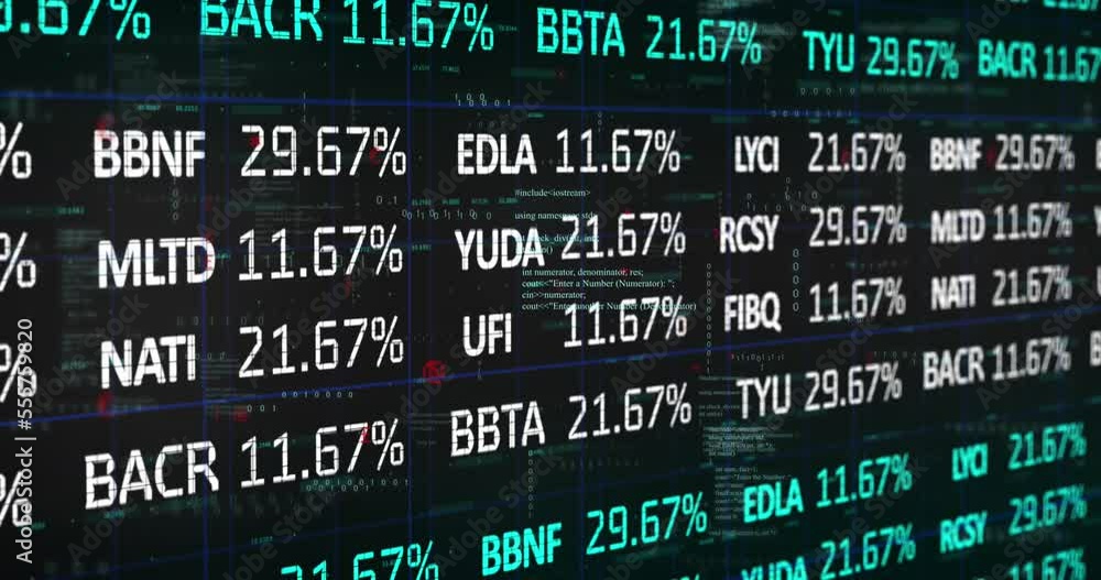 Animation of stock market data processing over grid network against black background Animation of stock market data processing over grid network against black background