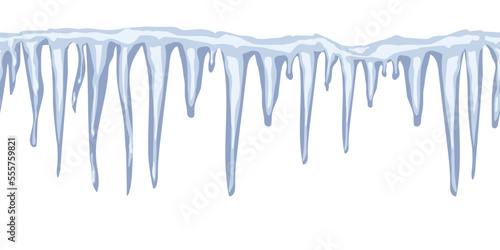 Icicles seamless border. Winter design elements. Vector Icicles isolated on white background. Blue frozen icicle cluster. Seasonal icy ornament for design and decoration. Carefully drop icicles