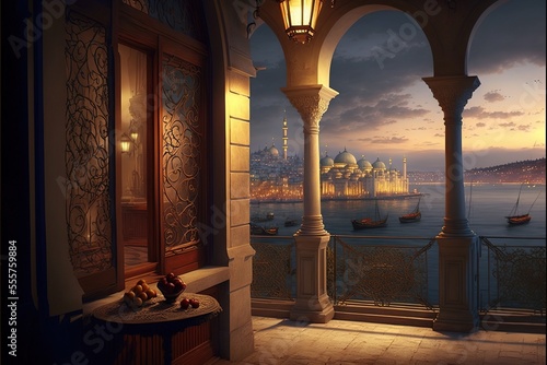 Turkish patio overlooking the Bosphorus and mosques. Balcony with columns and traditional Turkish decor, lanterns, oriental ornaments. AI