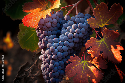 detail of red Sangiovese grapes in the Tuscany, Italy, vineyard that are nearly ripe. Generative AI photo