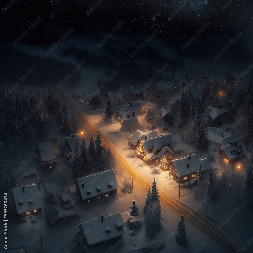 Snowy village at night with street lamps