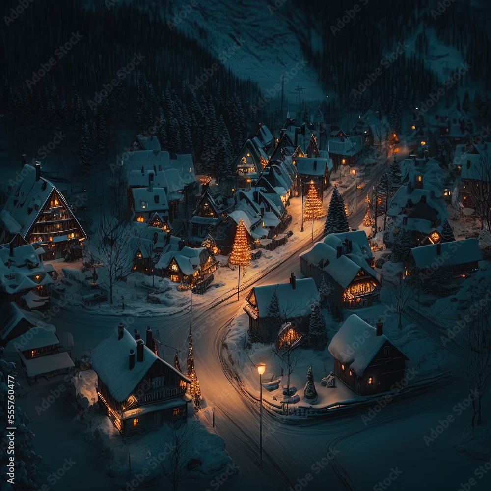 Obraz premium Snowy village drone view at night street lamps
