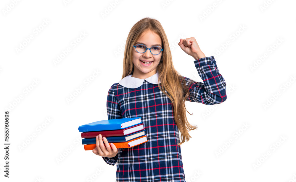 glad school girl reader with book stack isolated on white background. school girl reader glad school girl reader with book stack isolated on white background. school girl reader