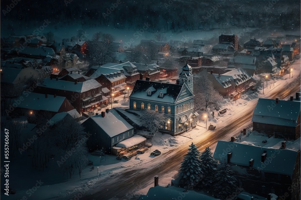 Drone view of snowy mountain town village church with street lights at ...