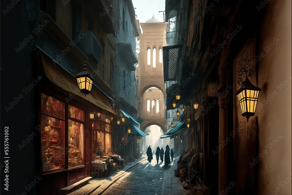 Fototapeta premium A narrow street in Istanbul with shops and a coffee shop overlooking the Galata Tower. Turkish traditional old view of Istanbul. AI
