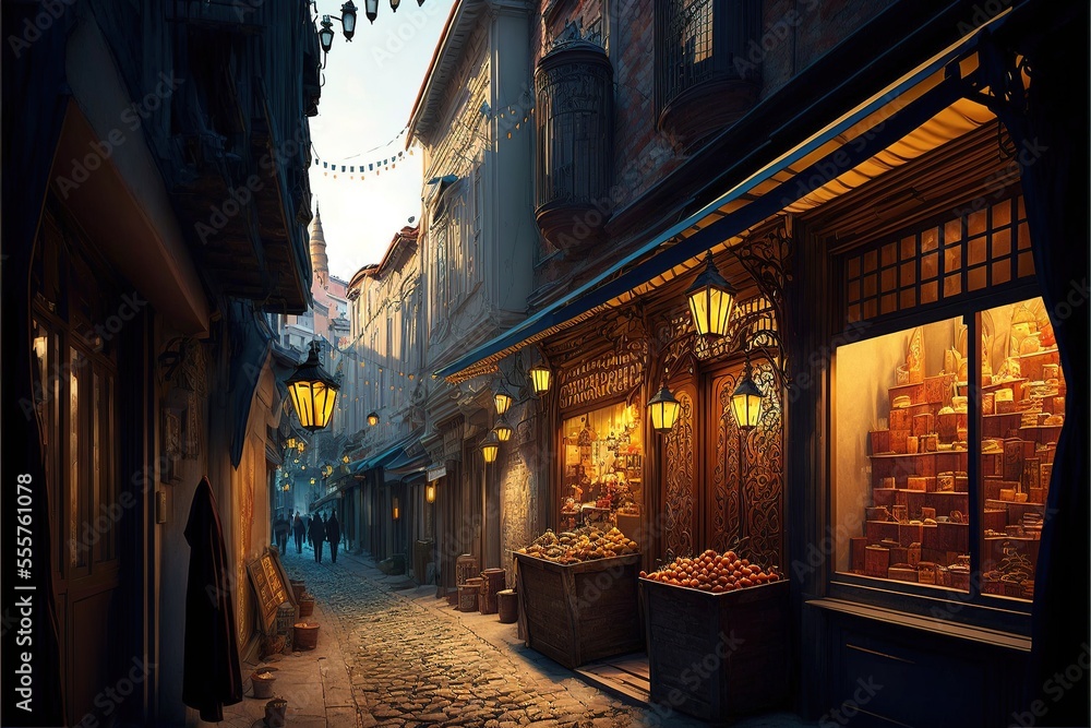 Fototapeta premium A narrow street in Istanbul with shops and a coffee shop overlooking the Galata Tower. Turkish traditional old view of Istanbul. AI