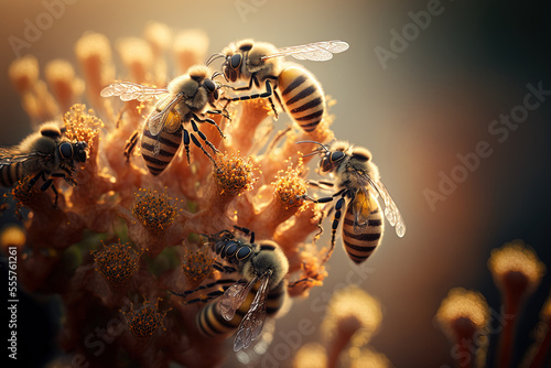 During daylight, a macro photo of bees swarming on a flower was taken. Generative AI