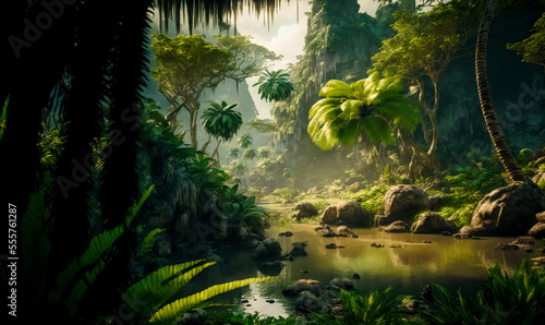 Fototapeta Naklejka Na Ścianę i Meble -  A beautiful fairytale enchanted jungle rainforest with sunbeams. Enchanted tropical rain forest. Digital art	