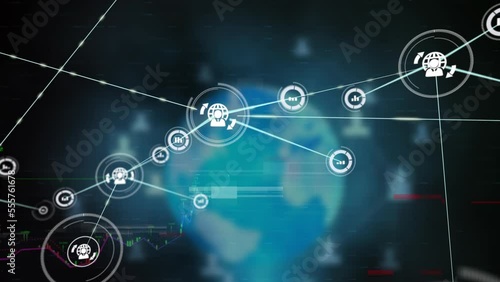 Wallpaper Mural Animation of network of digital icons and financial data processing over globe on black background Torontodigital.ca