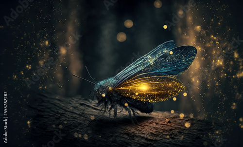 Flittering fireflies flying in the night Fantasy enchanted forest. Fairy tale concept.  © Viks_jin