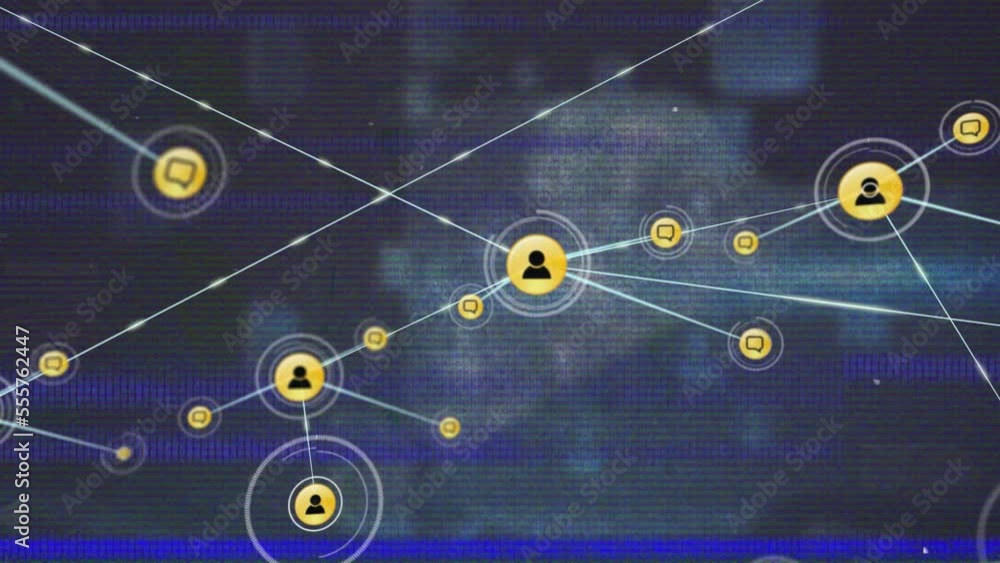 Animation of glitch effect over network of profile icons against blue background Animation of glitch effect over network of profile icons against blue background