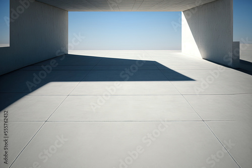 concrete parking lot floor that is empty. Illustration of a gray, abstract skyscraper against a blue sky. Generative AI