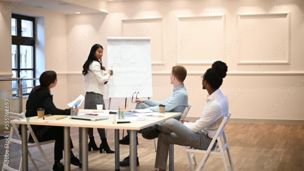 Asian woman business leader drawing chart on a flipchart board and holding a meeting Asian woman business leader drawing chart on a flipchart board and holding a meeting