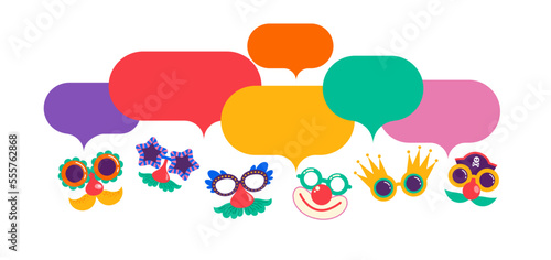 Colorful Speech Bubbles, street art, carnival concept design with funny masks, fun costumes. Colorful background with splashes, speech bubbles, masks and confetti 