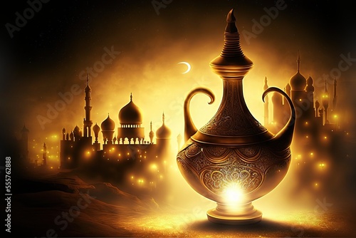 Magic Oriental golden lamp with magical light against the backdrop of an Arab city with mosques and towers. Fairy oriental fantasy landscape. AI