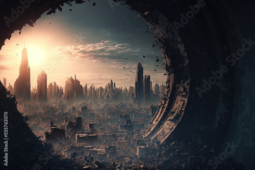 Concept for the post apocalypse. damaged city Idea of a fantasy. Exceptional backdrop. the city of the end. a view from above of the ruined city. Concept of an apocalypse. Generative AI