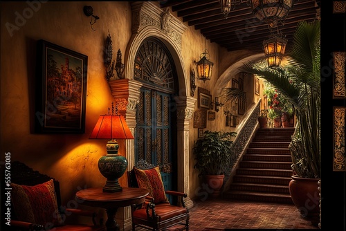 Beautiful traditional mexican interior of living room and patio  bright colors of walls  cathus  tropical leaves  lanterns  majestic arches and stairs  Mexico. AI