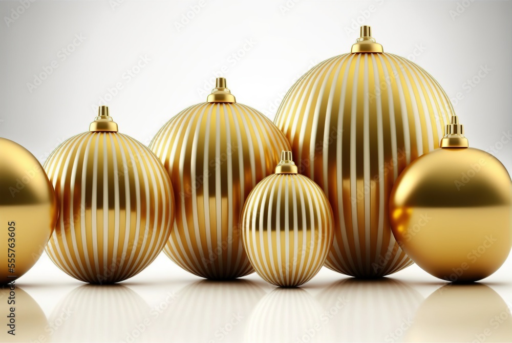 Christmas decoration lined up. 3D rendering shiny bubles ornaments. Glossy golden bubble. Merry Xmas cute background Christmas decoration lined up. 3D rendering shiny bubles ornaments. Glossy golden bubble. Merry Xmas cute background