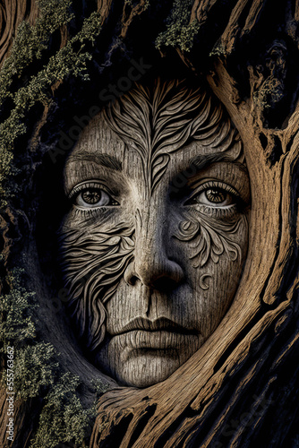 An ancient wood carving representing a mystical female face evoking the melancholy and mysticism of the forest. Revelation of ancient Celtic or Roman legends.