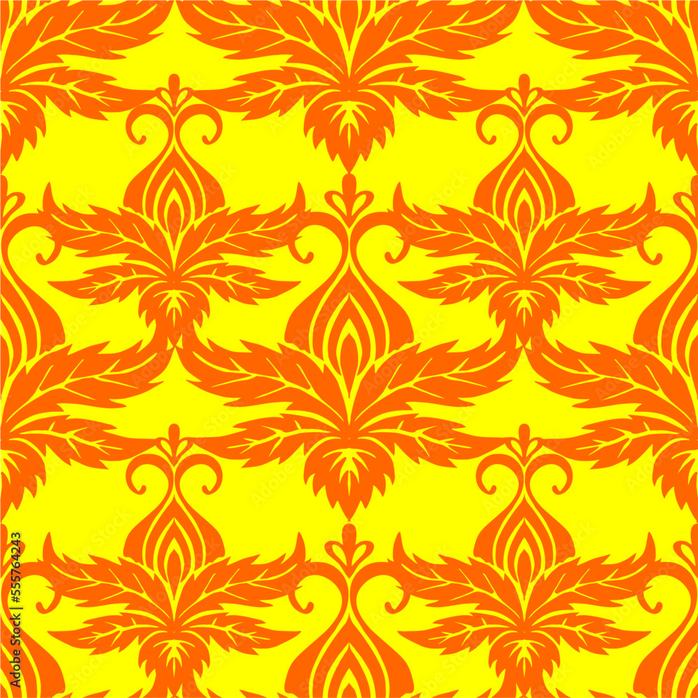 seamless symmetrical pattern of abstract red plant elements on a yellow background, texture, design