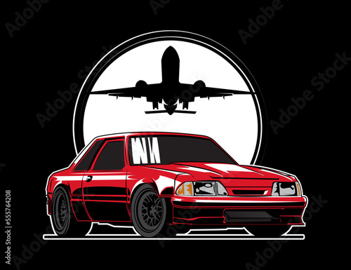90s vehicle car vector with plane above background along with black backdrop illustration design graphic