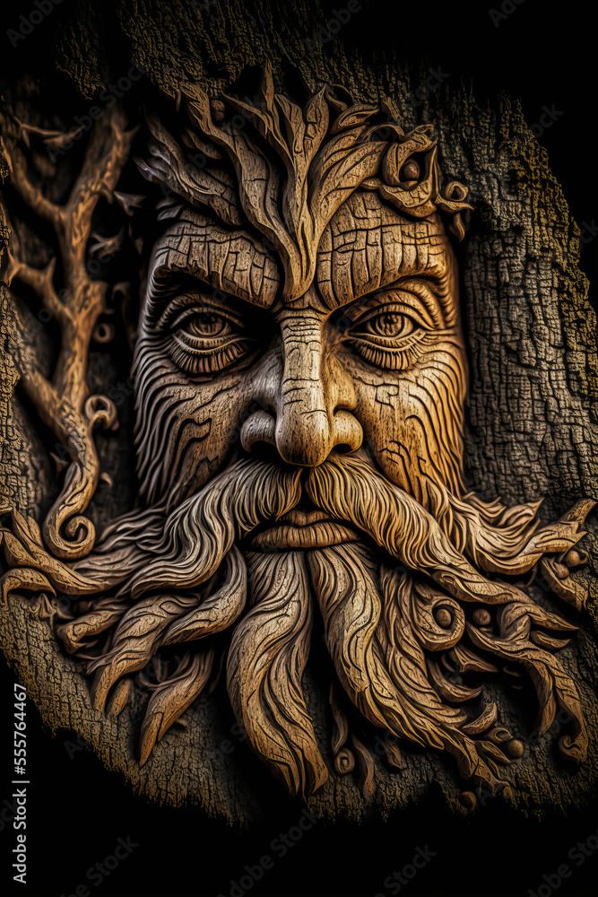 God of ancient times masterfully integrated into a tree trunk several centuries old. Realism and precision saluted, in a majestic setting of enchanted forest.