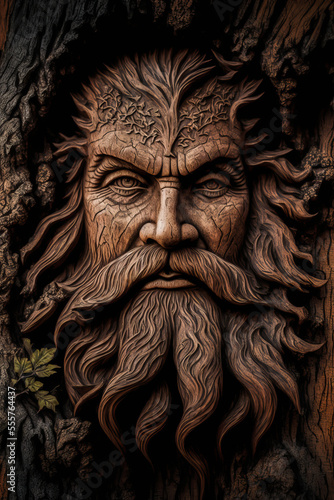 A mysterious old man  a deity of the past  from the trunk of an ancient and mystical tree in an enchanted forest. Realism and precision of detail.