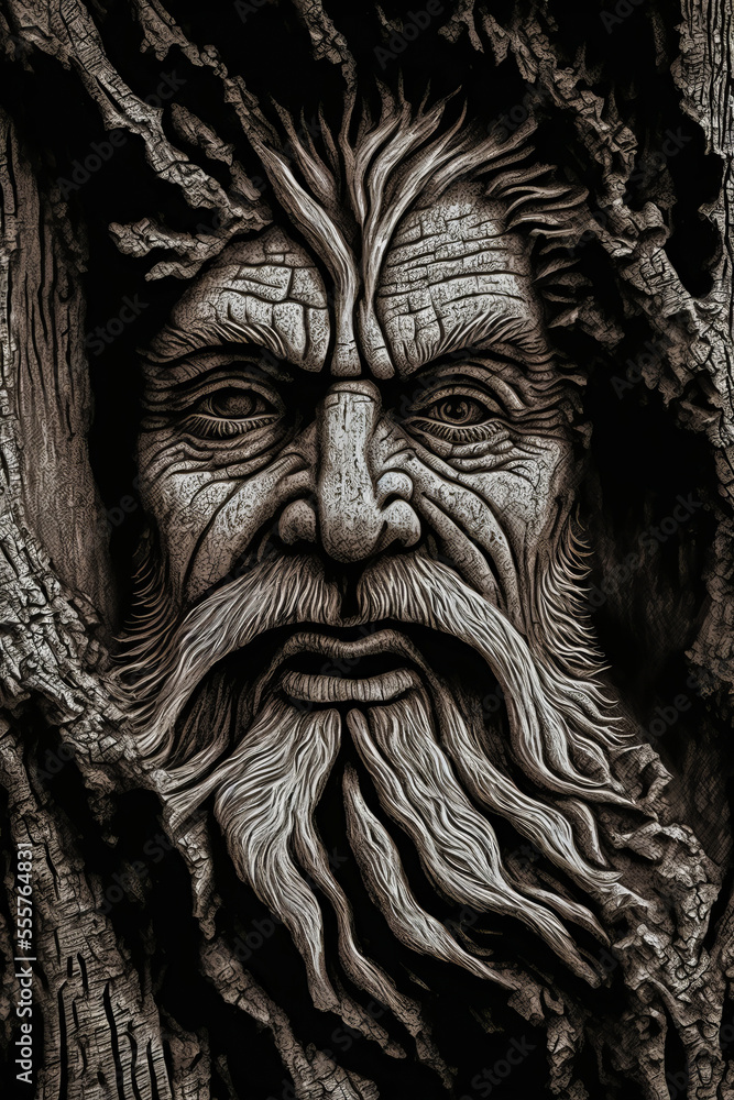 An ancient and mystical face of a god of ancient times, immortalized in the trunk of a magical, thousand-year-old tree. A striking realism and attention to detail.