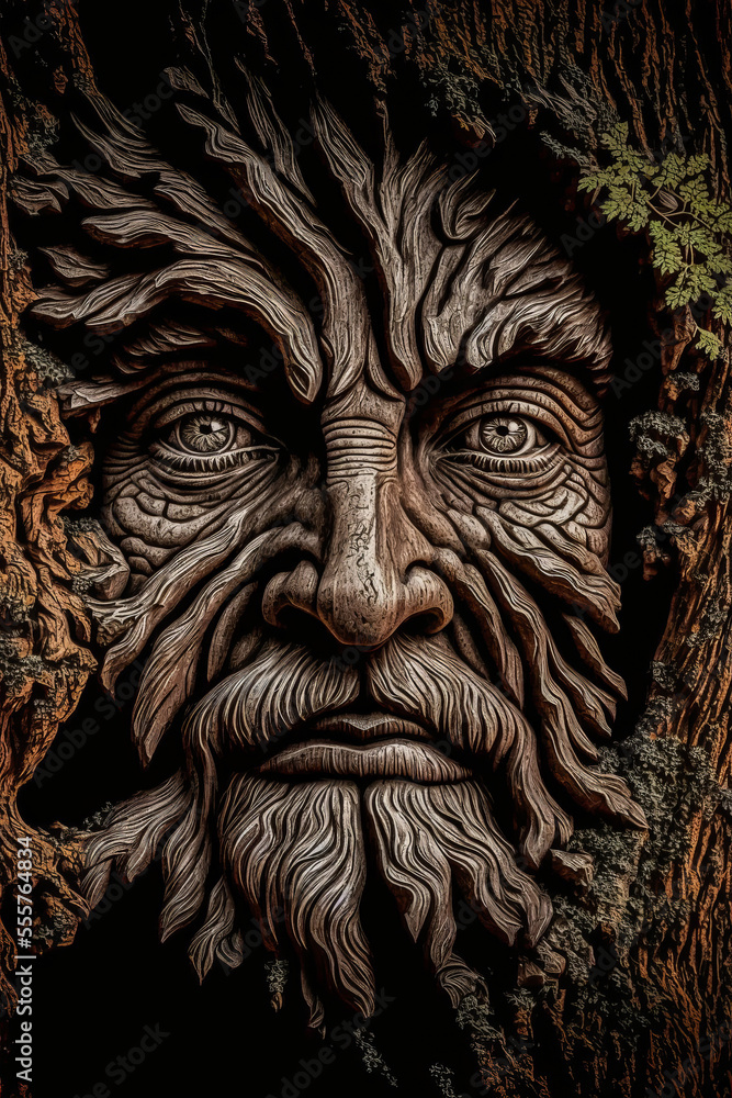 A mysterious face of an old man, god of the ancient ages, in the trunk of an old and magical tree in an enchanted forest. Very realistic graphics with precise details.