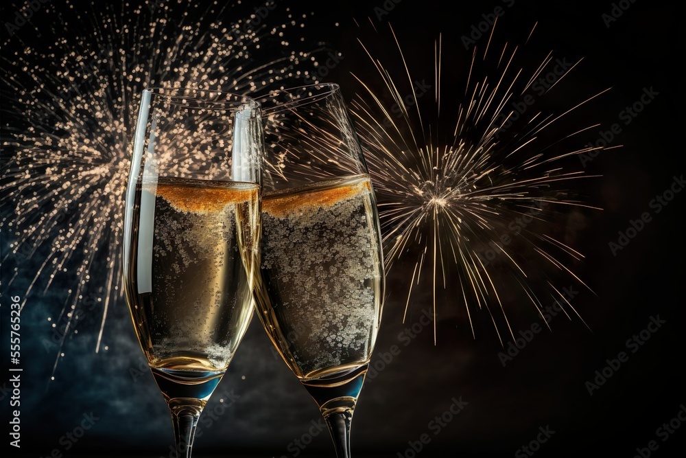 Champagne toast for the New Year's celebration, two glasses, fireworks  background, generative AI Stock Illustration