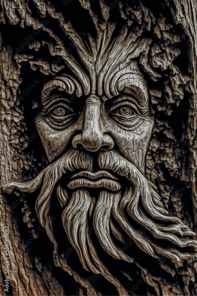 An old man, presented in the trunk of a thousand-year-old magical tree, offers a mystical image creating a sense of enchantment and realism with precise details.