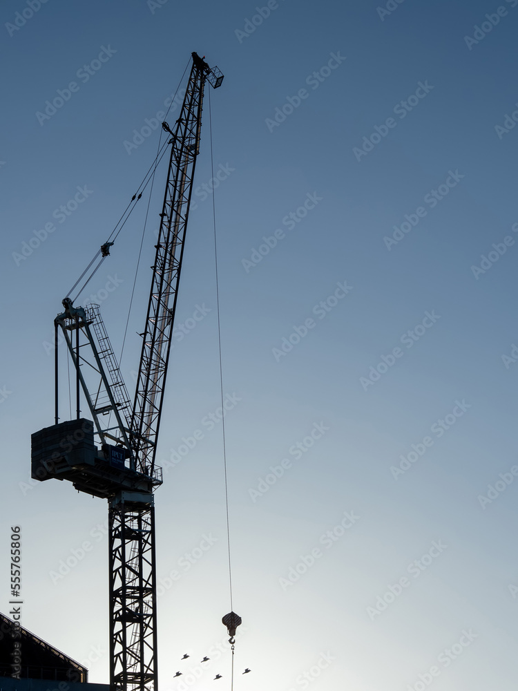 Silhouette of a tall crane against blue sky and flock of birds flying by. Construction industry, Vertical image.