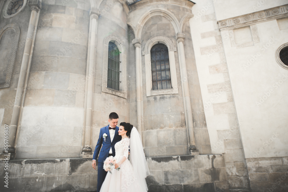 Perfect couple bride, groom posing and kissing in their wedding day