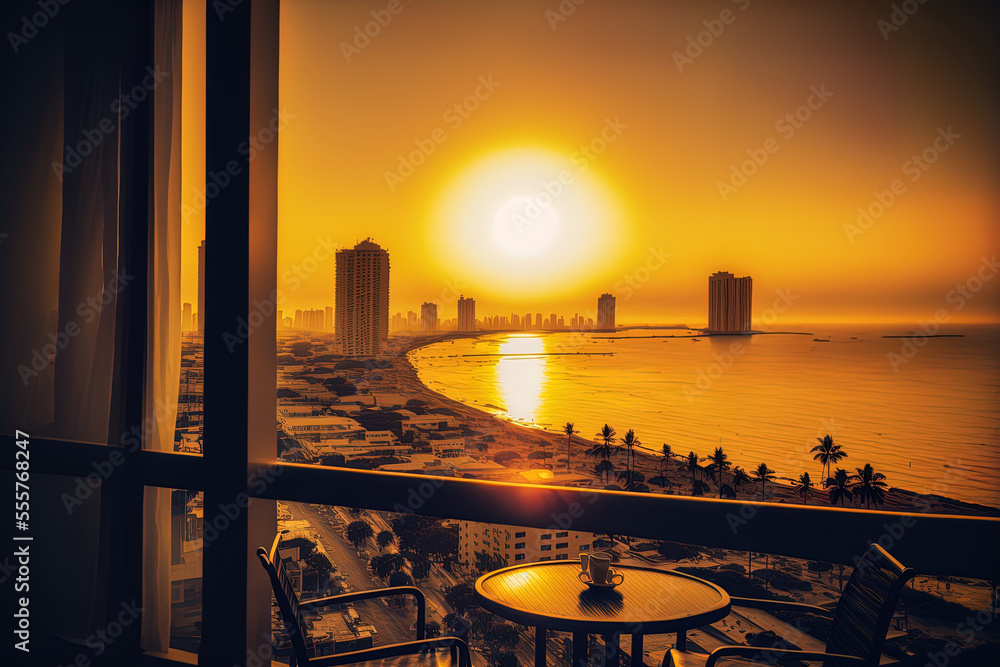 city skyline with sunrise from a contemporary hotel balcony in Pattaya. background information about vacationing in Thailand. Generative AI