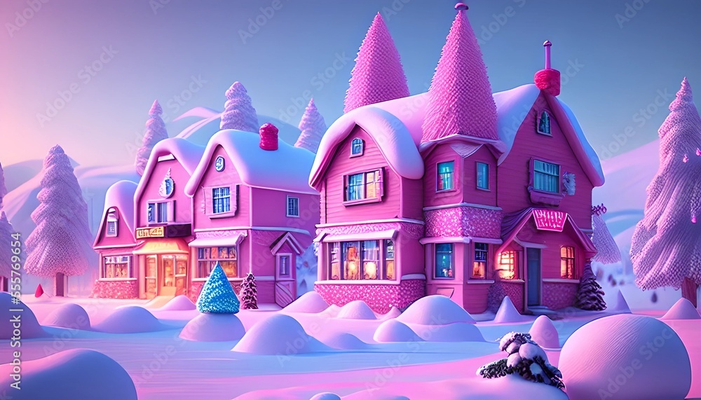 3D pink winter town 