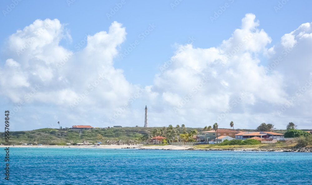 A view on the California Lighthouse from Caribbean sea. Space for text. A view on the California Lighthouse from Caribbean sea. Space for text.