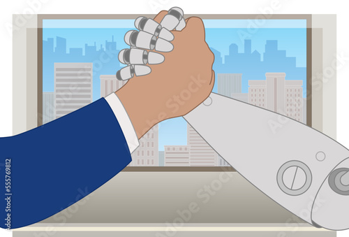 business man and robot, arm wrestling closeup view, office window showing city skyline with buildings in background