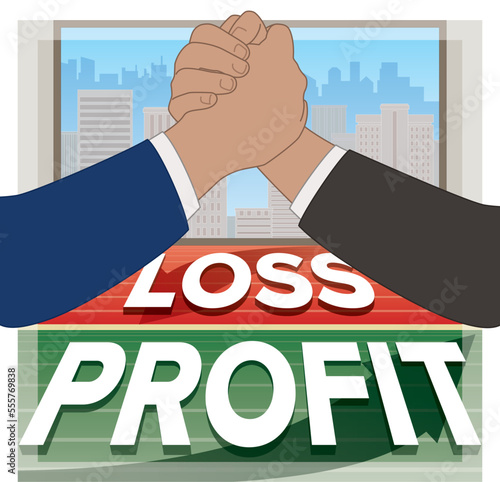 business men arm wrestling over loss and profit, closeup view, window showing buildings and city skyline in background