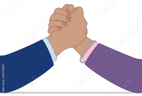 business woman and business man arm wrestling on office desk, closeup view, isolated on white background